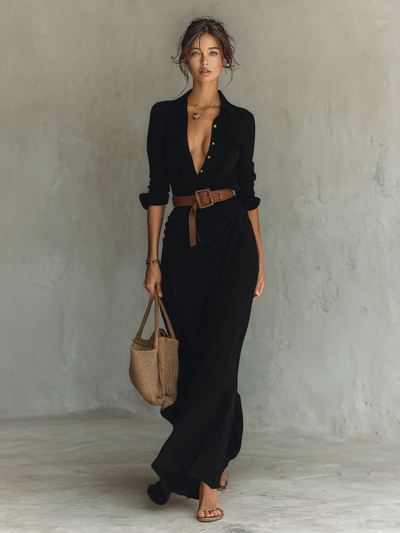 Alessia™ | Abito Maxi Lungo con Collo a Revers Cintura inclusa