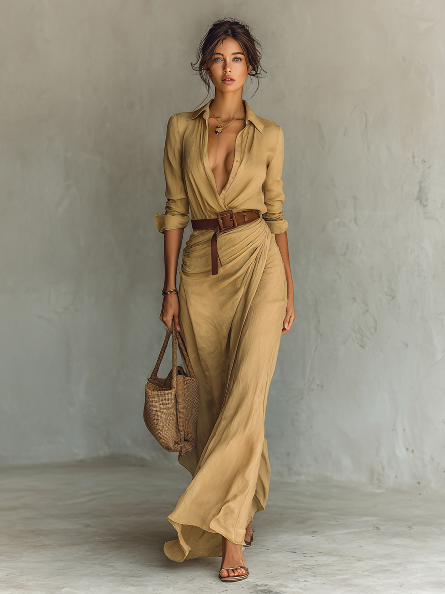 Alessia™ | Abito Maxi Lungo con Collo a Revers Cintura inclusa